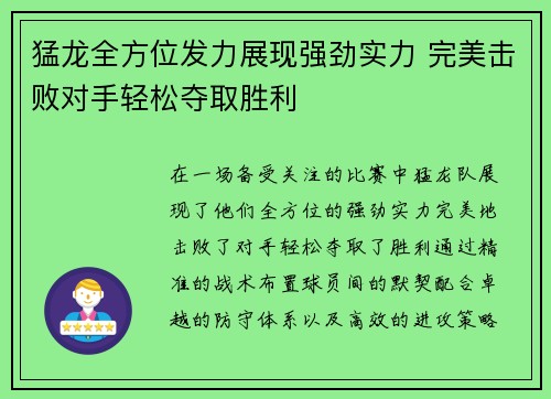 猛龙全方位发力展现强劲实力 完美击败对手轻松夺取胜利