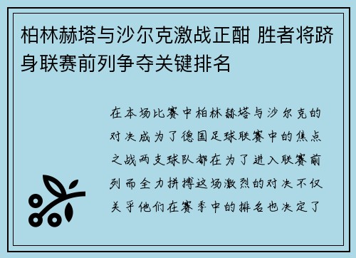 柏林赫塔与沙尔克激战正酣 胜者将跻身联赛前列争夺关键排名